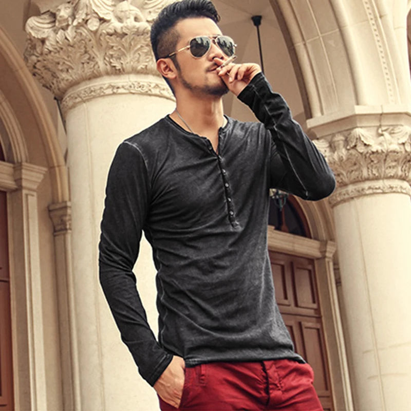 Camisetas masculinas de manga comprida, cardigã masculino de alta qualidade, cor antiga, camiseta com gola V