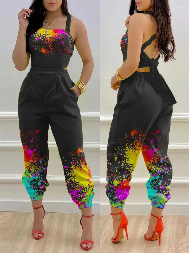 Novo macacão sem mangas estampado da moda de verão, vazado, sem costas, com cadarço, longo, elegante, casual, com bolso