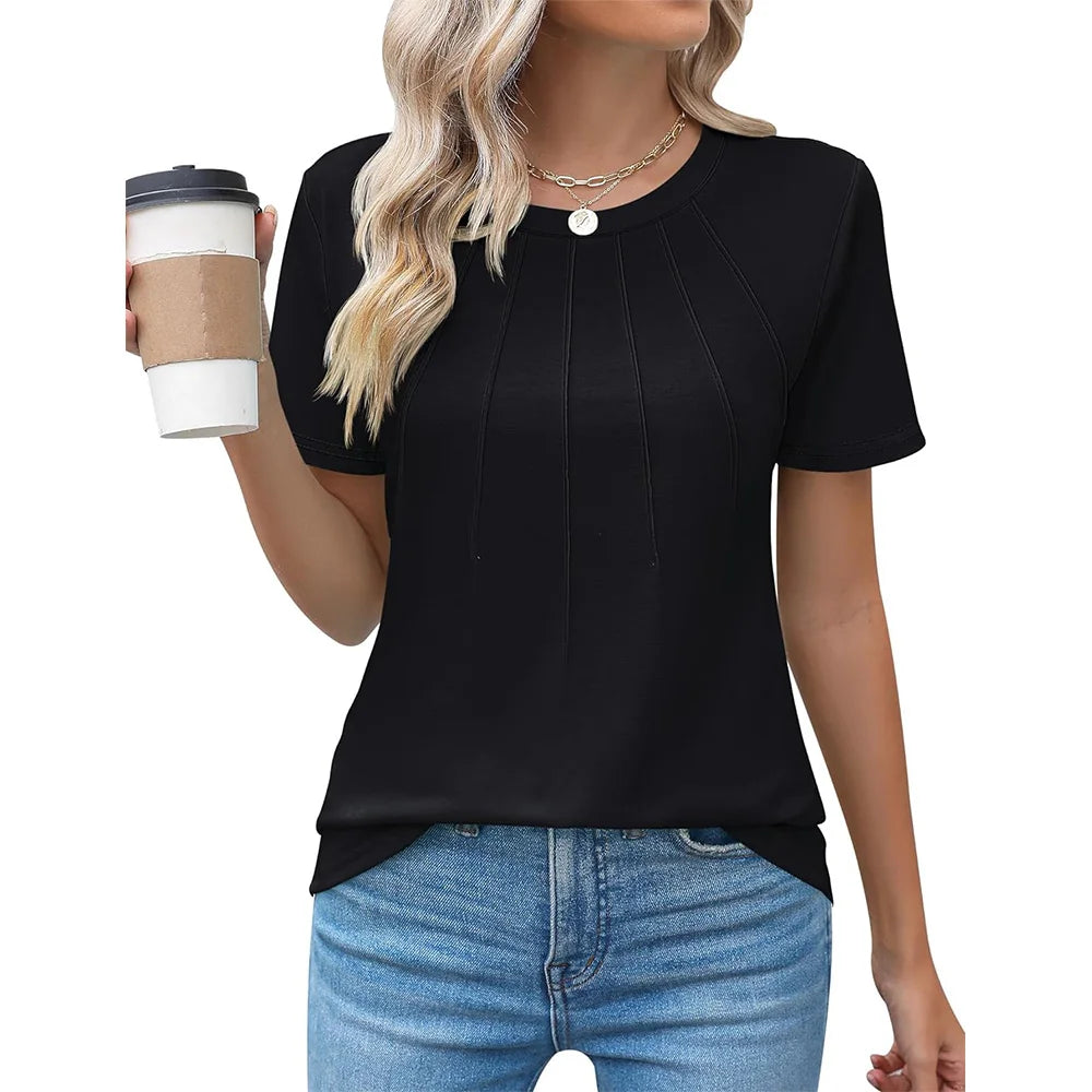 Blusas femininas casuais com gola redonda e manga curta plissadas