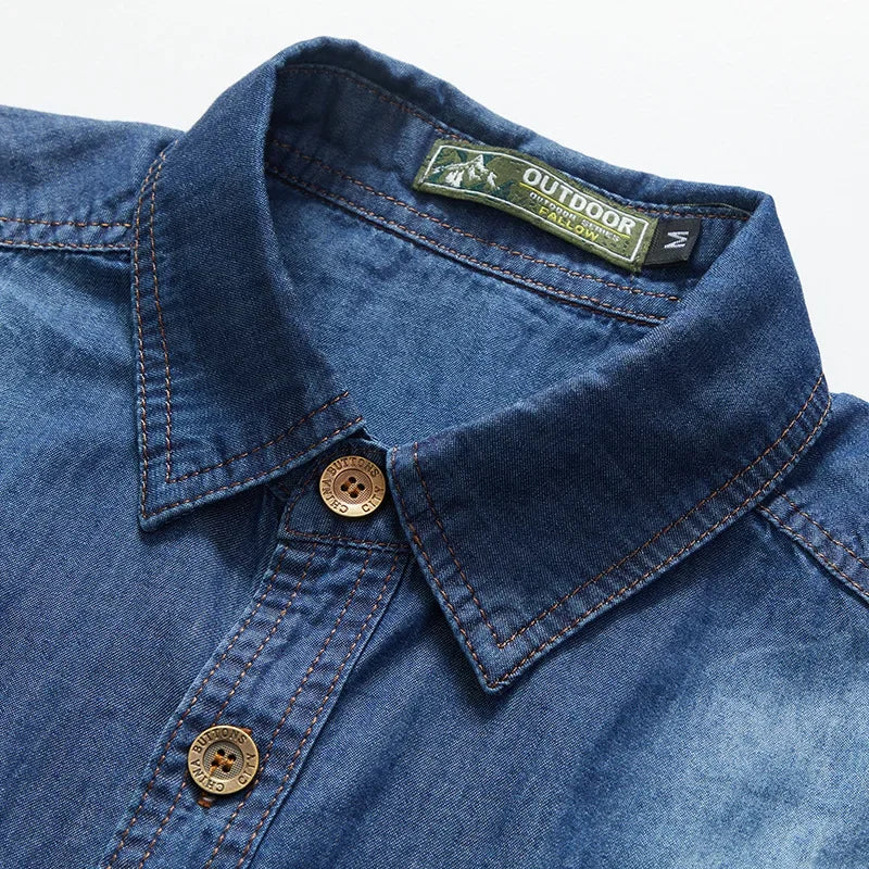 Camisas jeans masculinas com vários bolsos, camisas casuais de algodão de alta qualidade