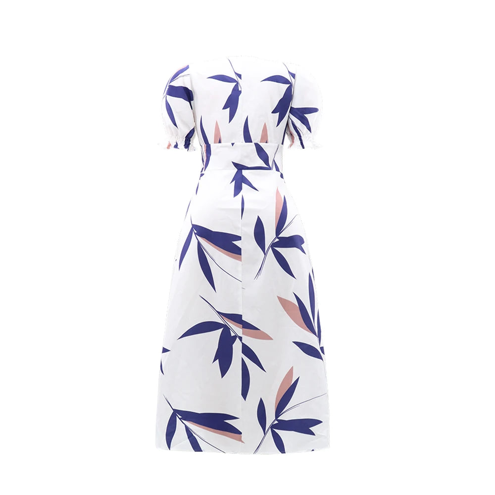 Vestido com estampa de folhas, abotoamento simples, elegante, decote em V, manga curta, primavera/verão