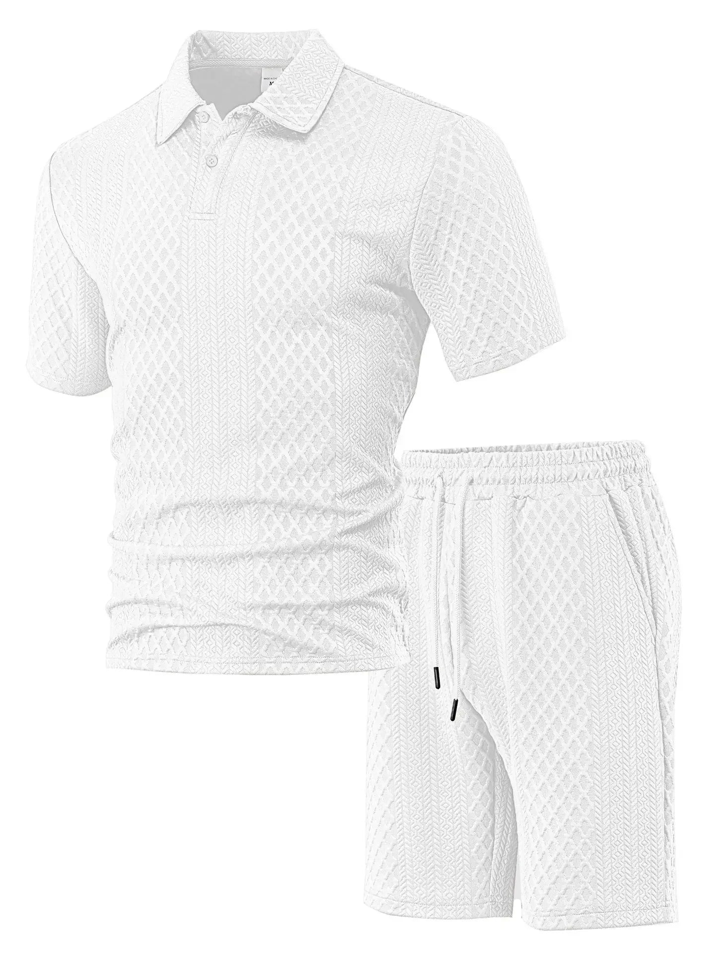 Novo conjunto de 2 peças de camisa polo esportiva fina masculina com estampa geométrica europeia de verão e tecido jacquard, manga curta e shorts