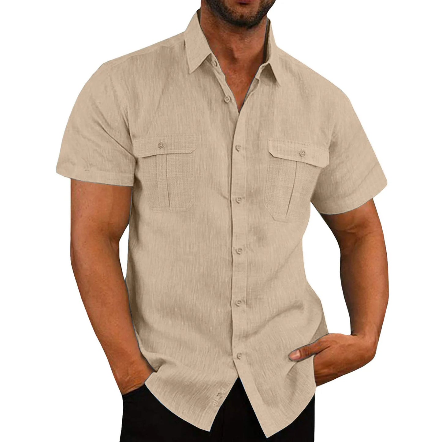 Camisas masculinas de manga curta, de algodão e linho, cor sólida, gola alta, casual