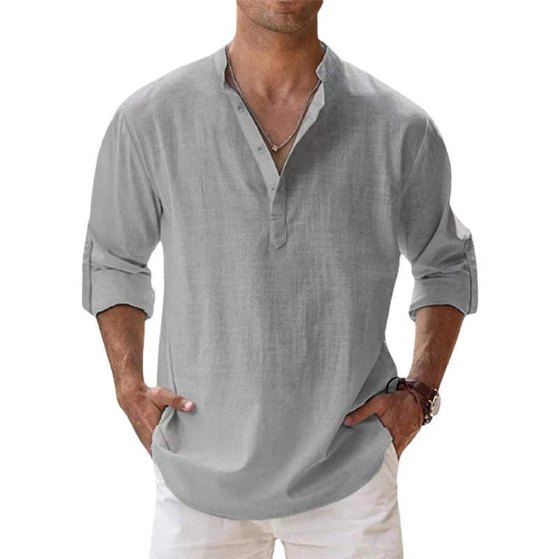 Novas camisas Henley masculina de algodão e linho, camisas casuais, leves, manga comprida