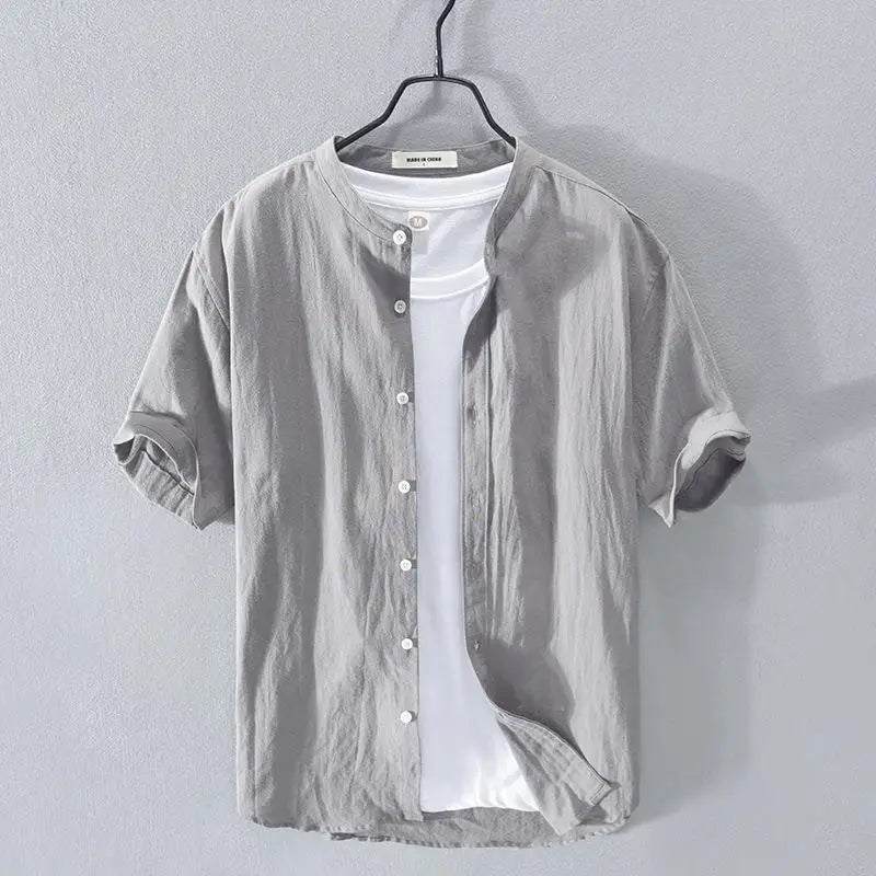 Camisa de linho masculina, manga curta, gola alta, ajuste solto, primavera/verão, leve, casual