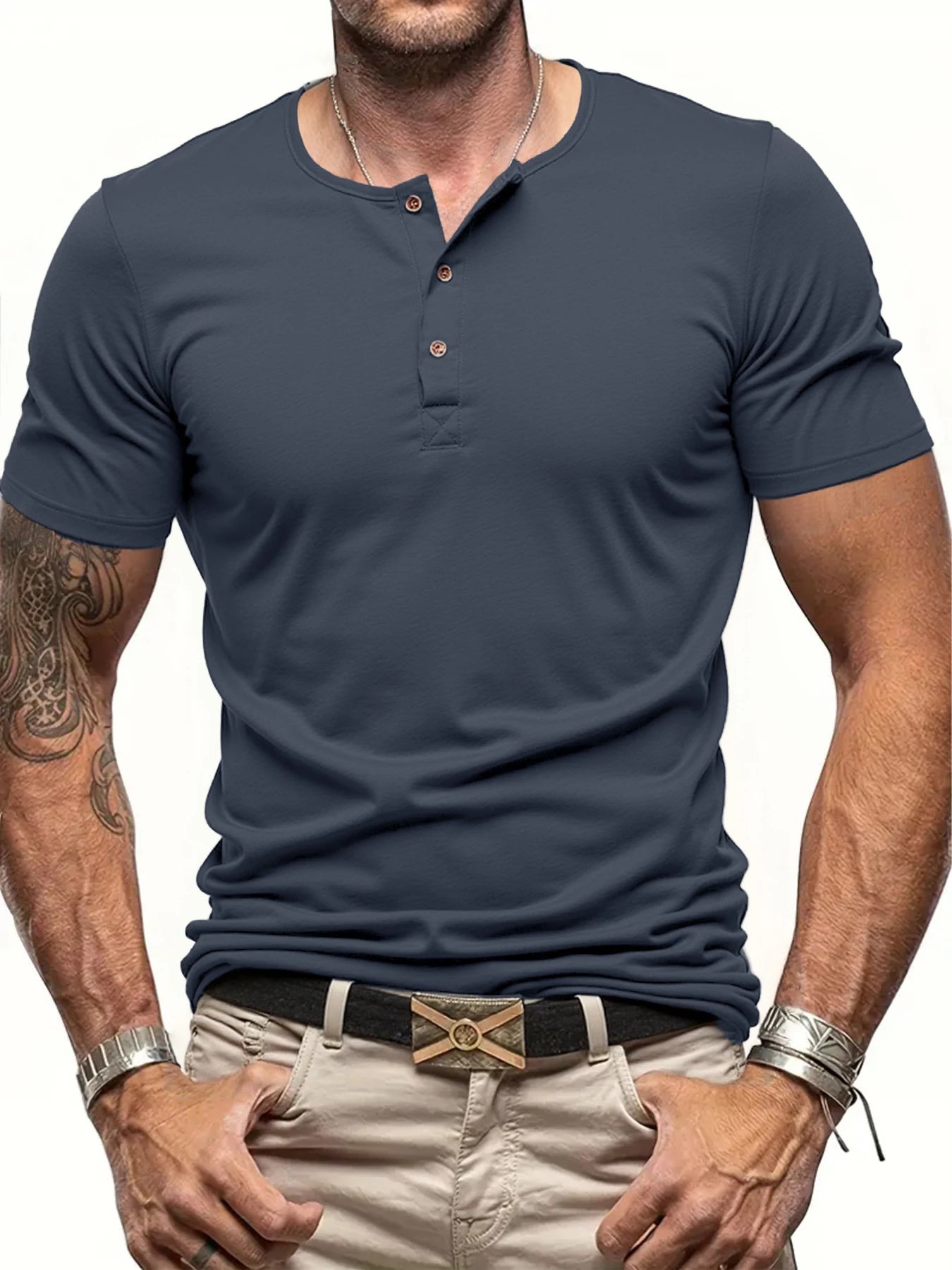 Camiseta masculina de manga curta com gola Henley, cor sólida, corte slim, gola com botão, camiseta casual e aconchegante, moda urbana
