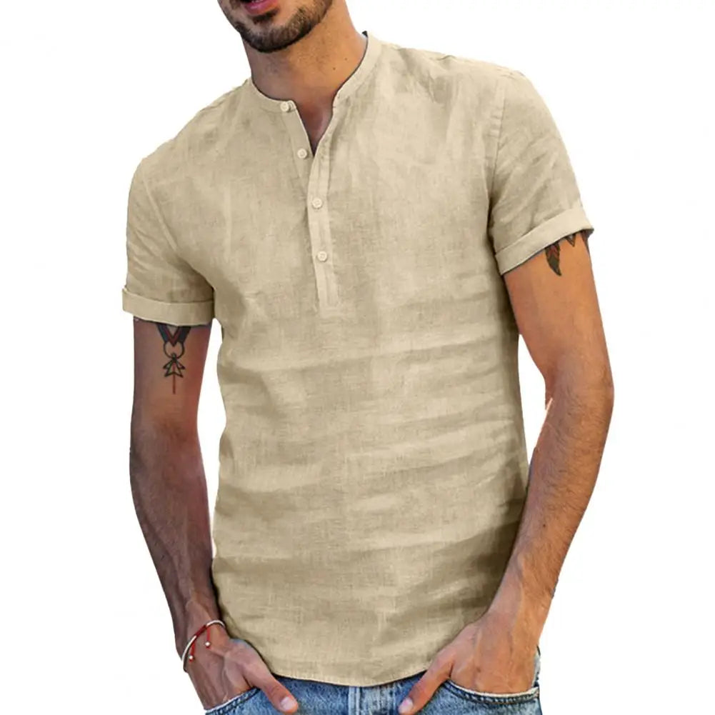 Camiseta masculina de manga curta, nova, de cor sólida, de algodão e linho, respirável