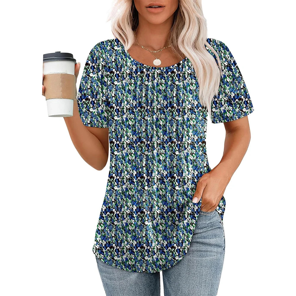 Camisetas femininas de manga curta, plissadas, elegantes, casuais, com decote redondo
