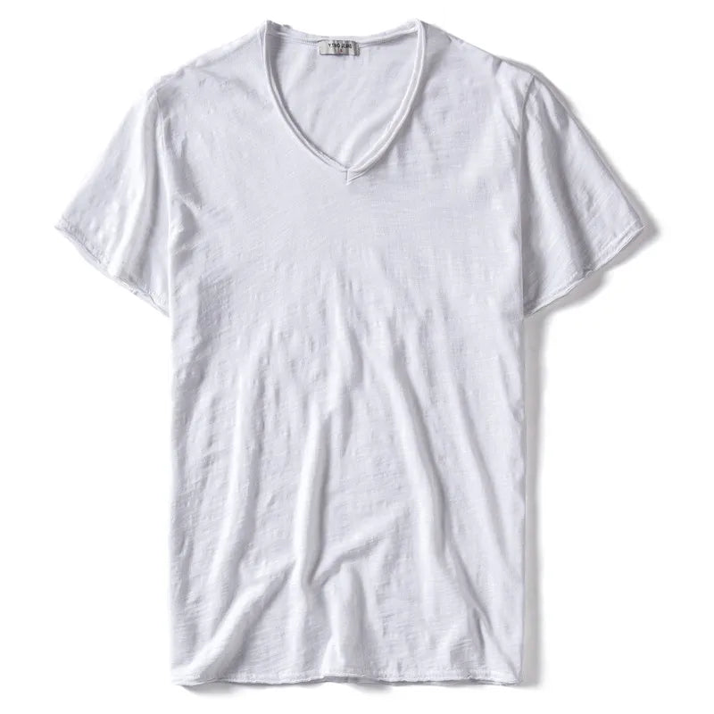 Nova camiseta masculina de verão 2025, gola V, 100% algodão penteado, manga curta