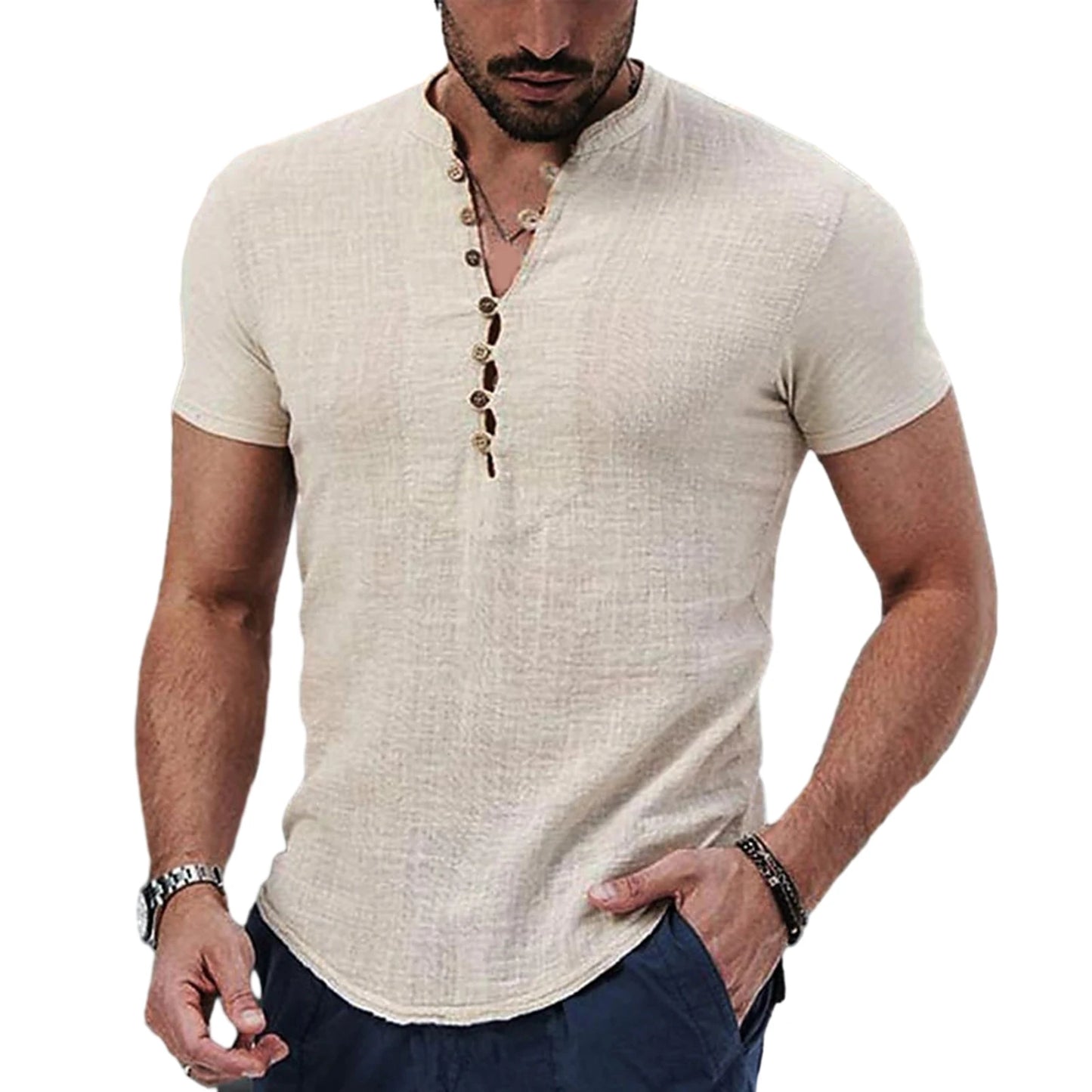 Camiseta masculina de manga curta, nova, de cor sólida, de algodão e linho, respirável