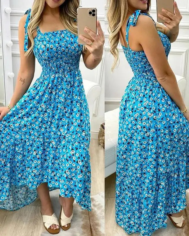Vestido longo de verão com alças finas e estampa floral, casual, elegante