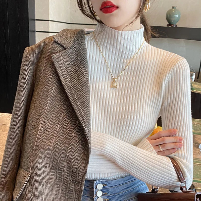 Suéter de malha feminino de inverno com manga comprida e gola falsa, pulôver, suéter de malha fina, blusas femininas da moda 2025