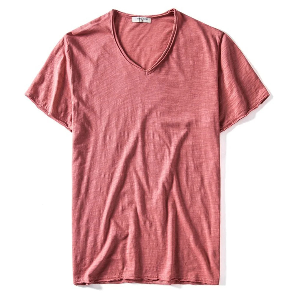 Nova camiseta masculina de verão 2025, gola V, 100% algodão penteado, manga curta