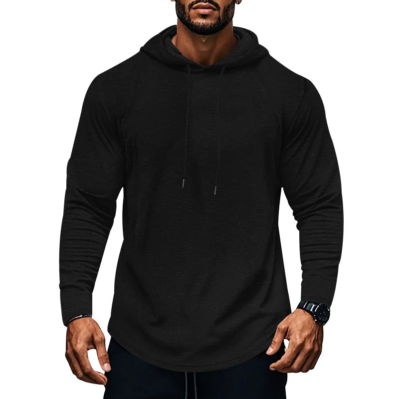 Camiseta masculina de manga comprida com capuz, esportiva/lazer, outono e inverno