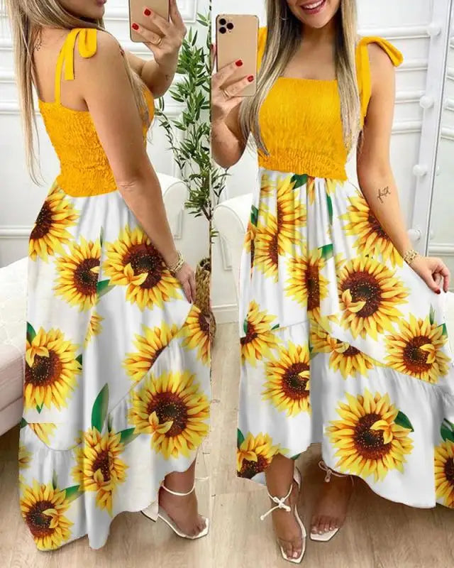 Vestido longo de verão com alças finas e estampa floral, casual, elegante