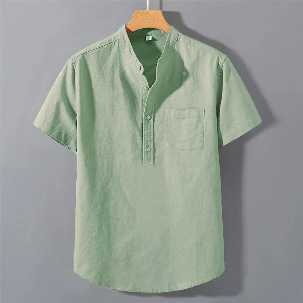 Camiseta masculina de verão, manga curta, cor sólida, com design de bolso, botões, uso diário, estilo simples e confortável