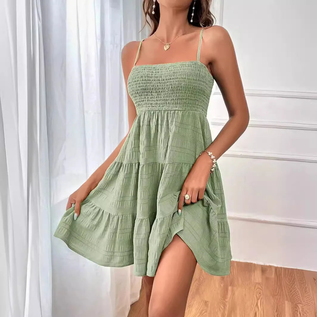 Vestido de praia boêmio feminino, sexy, sem mangas, costas nuas, grande, minivestido, liso, alça espaguete, babados