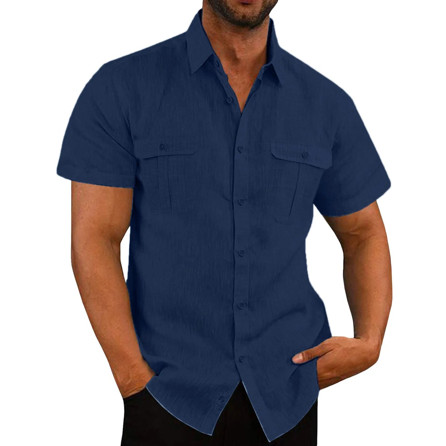 Camisas masculinas de manga curta, de algodão e linho, cor sólida, gola alta, casual