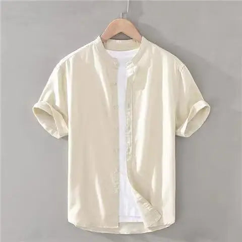 Camisa de linho masculina, manga curta, gola alta, ajuste solto, primavera/verão, leve, casual
