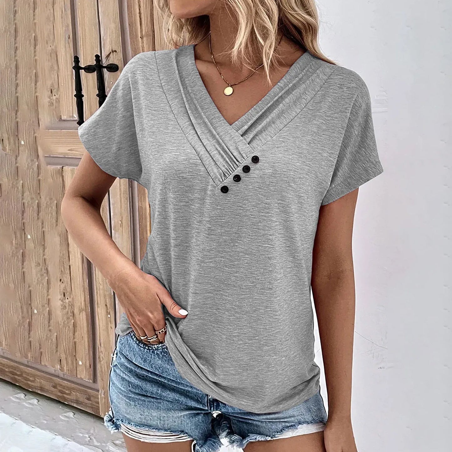 Camiseta feminina da moda, cor sólida, gola V, manga curta, básica, moda urbana, verão