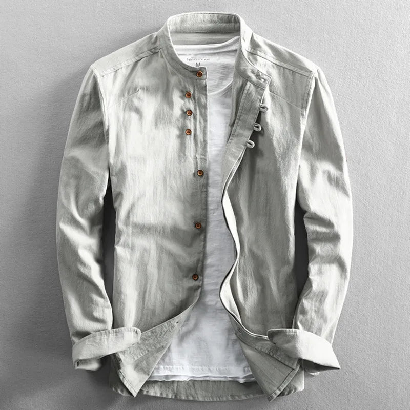 Camisa masculina de linho e algodão, gola alta, manga comprida, cor sólida, casual, respirável, clássica