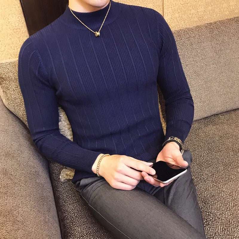 Men's Pullover Sweaters 2025 Korean Casual Striped Solid Sweater Men Half High Collar Stretch Tight Sweater Slim Fit Knit Tops