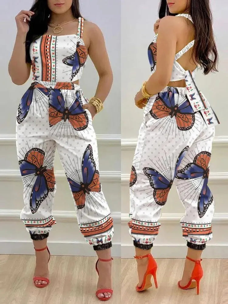 Novo macacão sem mangas estampado da moda de verão, vazado, sem costas, com cadarço, longo, elegante, casual, com bolso