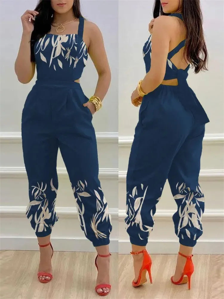 Novo macacão sem mangas estampado da moda de verão, vazado, sem costas, com cadarço, longo, elegante, casual, com bolso