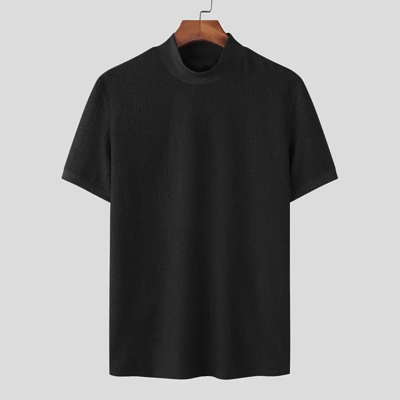 Camiseta masculina de malha, casual texturizada, meia gola alta, lisa, manga curta