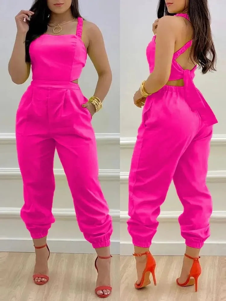 Novo macacão sem mangas estampado da moda de verão, vazado, sem costas, com cadarço, longo, elegante, casual, com bolso