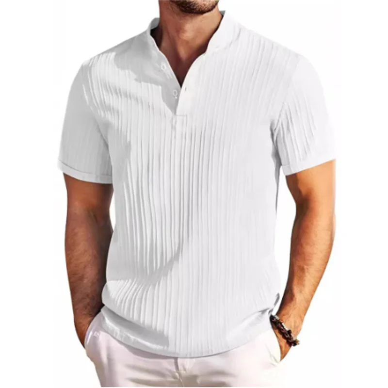 Camisa listrada de algodão e linho jacquard masculina, lapela, casual, confortável, manga curta
