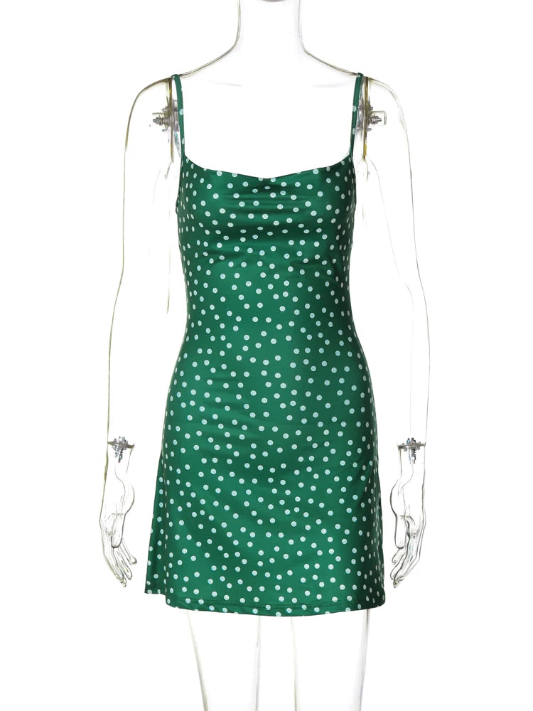 Vestido curto com estampa de bolinhas, costas nuas, elegante, justo, casual, verde