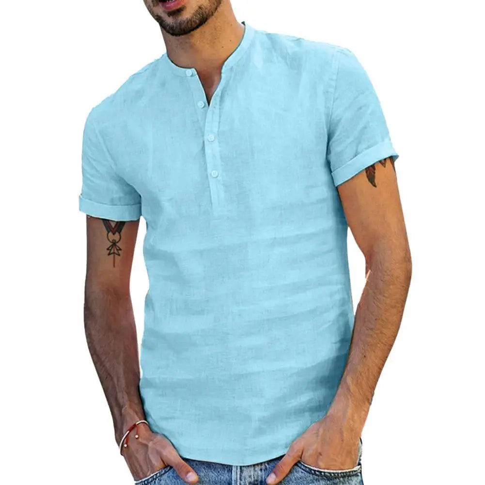 Camiseta masculina de manga curta, nova, de cor sólida, de algodão e linho, respirável
