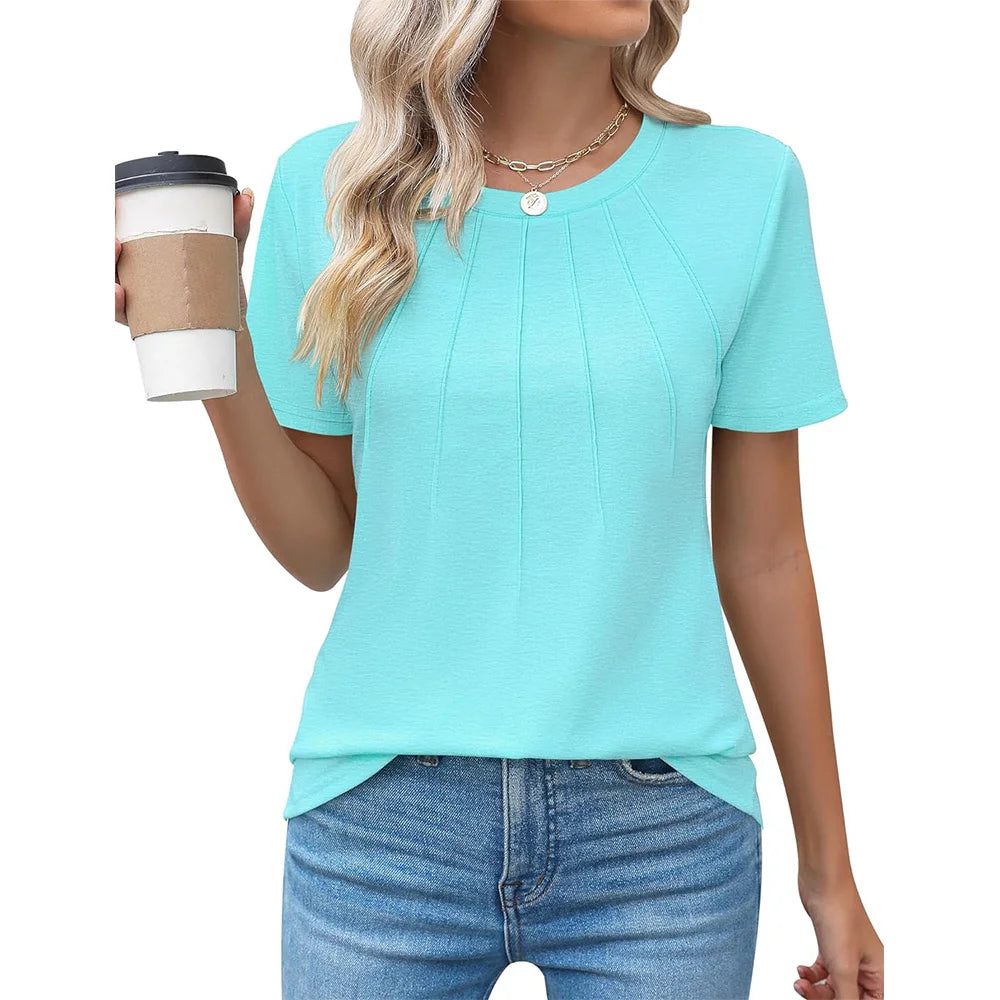 Blusas femininas casuais com gola redonda e manga curta plissadas