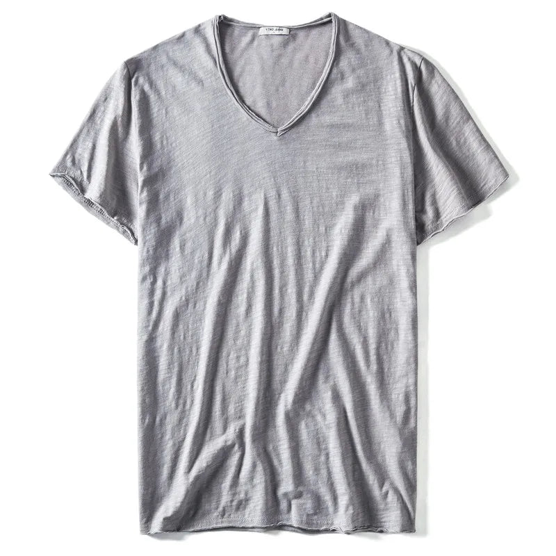 Nova camiseta masculina de verão 2025, gola V, 100% algodão penteado, manga curta