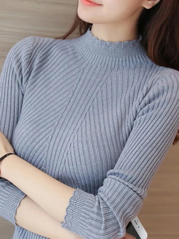Suéter feminino de gola falsa com babados, manga comprida, tricô, cor sólida, listrado, casual, inverno, outono 2025