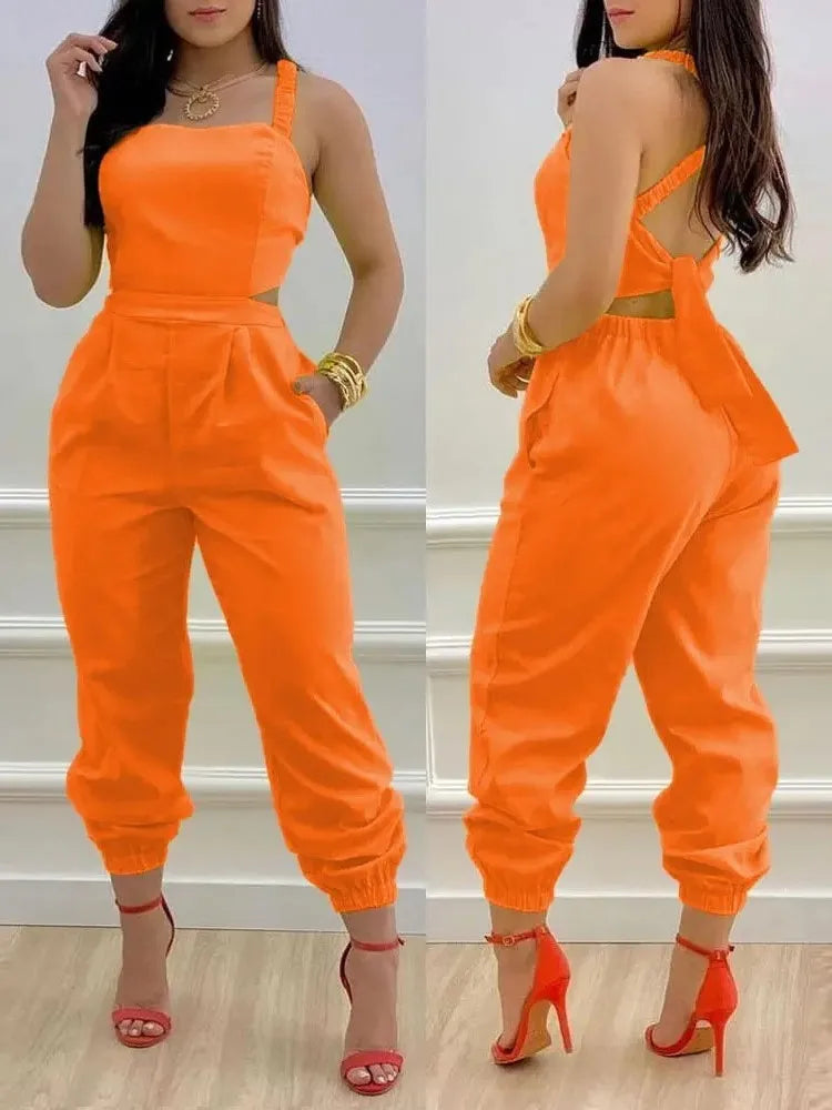Novo macacão sem mangas estampado da moda de verão, vazado, sem costas, com cadarço, longo, elegante, casual, com bolso