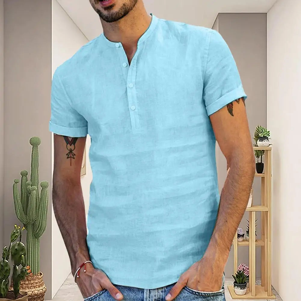 Camiseta masculina de manga curta, nova, de cor sólida, de algodão e linho, respirável