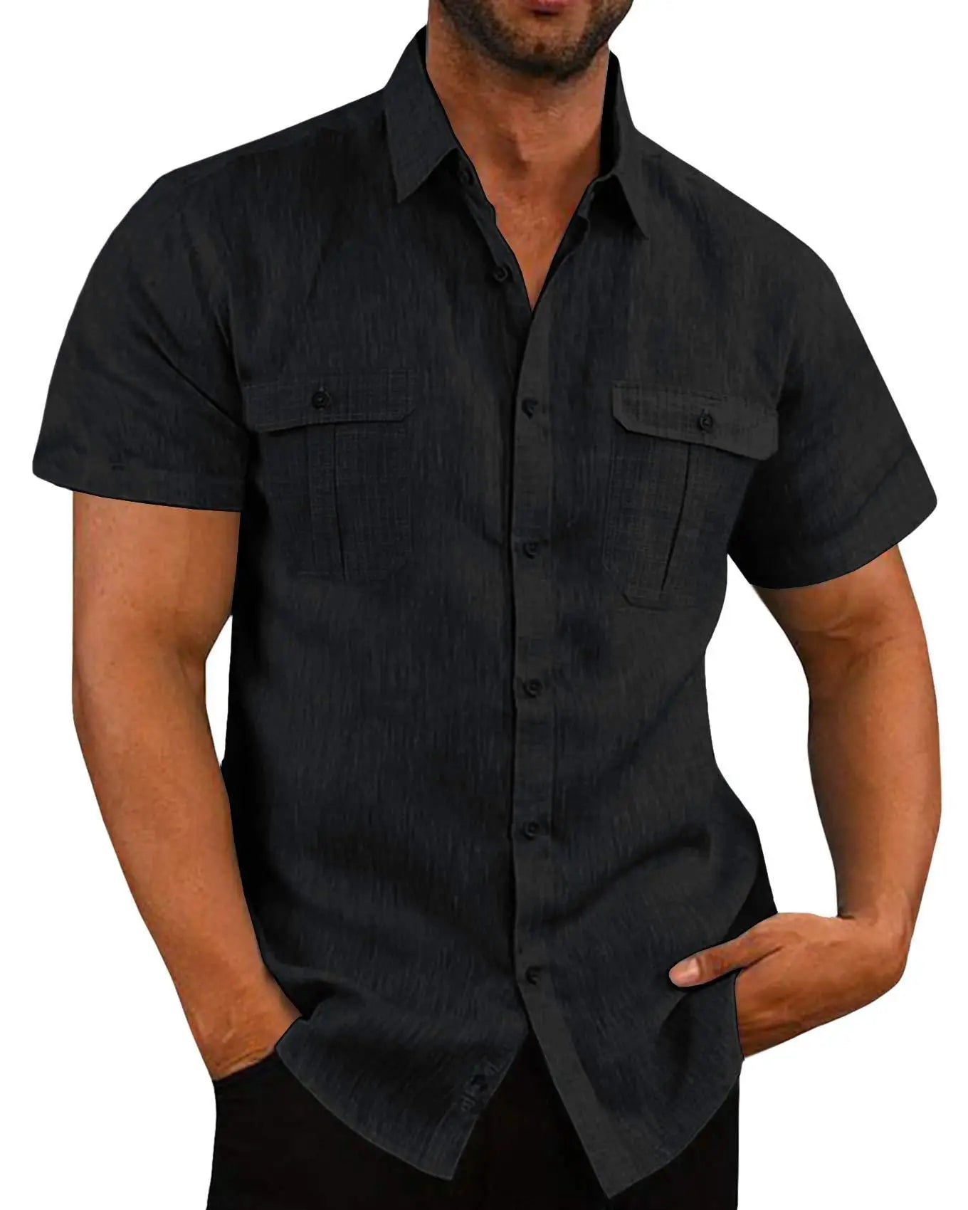 Camisas masculinas de manga curta, de algodão e linho, cor sólida, gola alta, casual