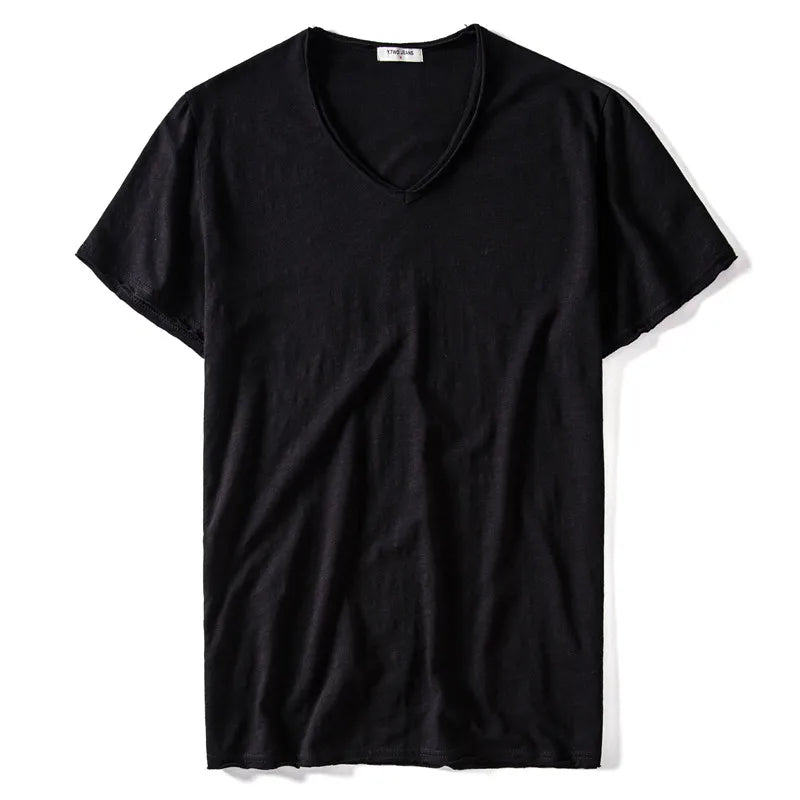 Nova camiseta masculina de verão 2025, gola V, 100% algodão penteado, manga curta