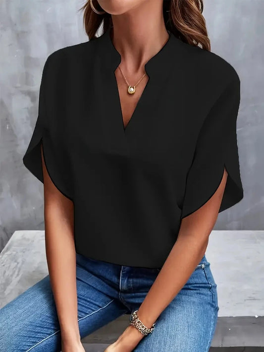 Blusa feminina elegante de chiffon liso primavera verão casual manga comprida gola V camisa solta túnica feminina