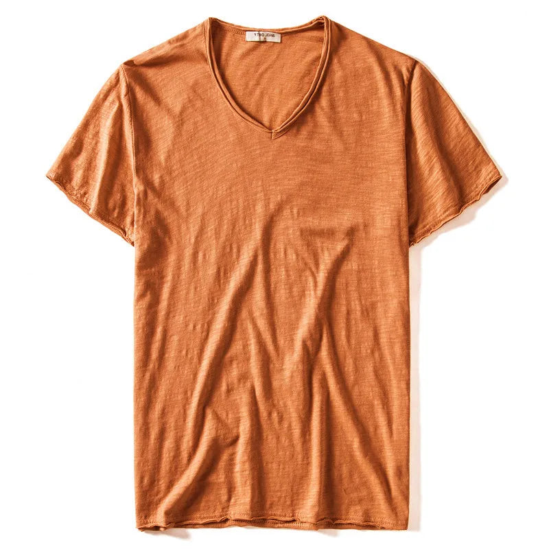 Nova camiseta masculina de verão 2025, gola V, 100% algodão penteado, manga curta