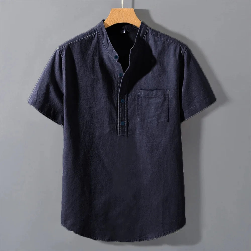 Camiseta masculina de verão, manga curta, cor sólida, com design de bolso, botões, uso diário, estilo simples e confortável