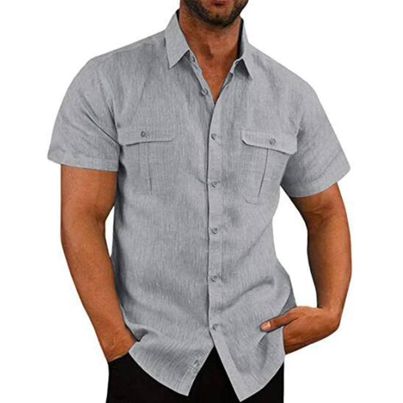 Camisas masculinas de manga curta, de algodão e linho, cor sólida, gola alta, casual