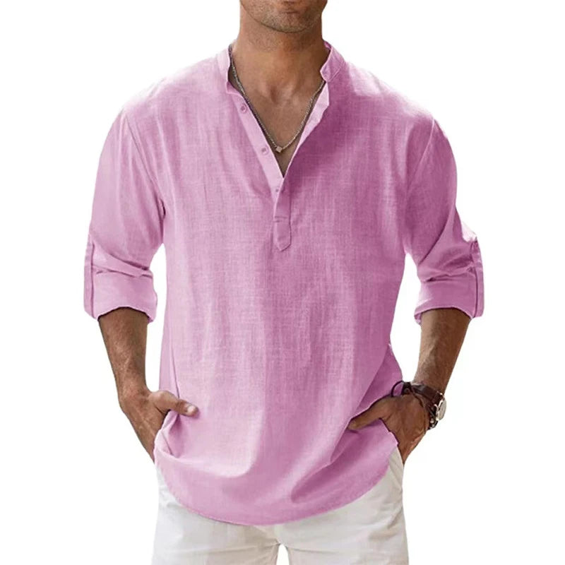Novas camisas Henley masculina de algodão e linho, camisas casuais, leves, manga comprida