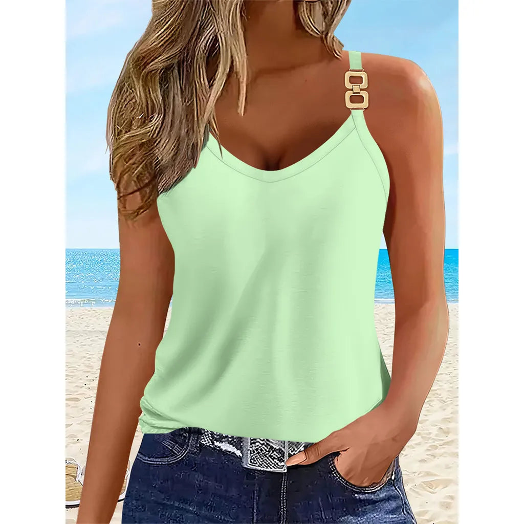 Regatas femininas casuais lisas sem mangas, de verão, com alça de corrente, regata feminina, tops femininos