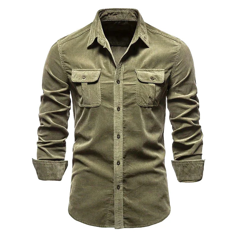 Camisa de veludo cotelê masculina de algodão, casaco casual de manga comprida