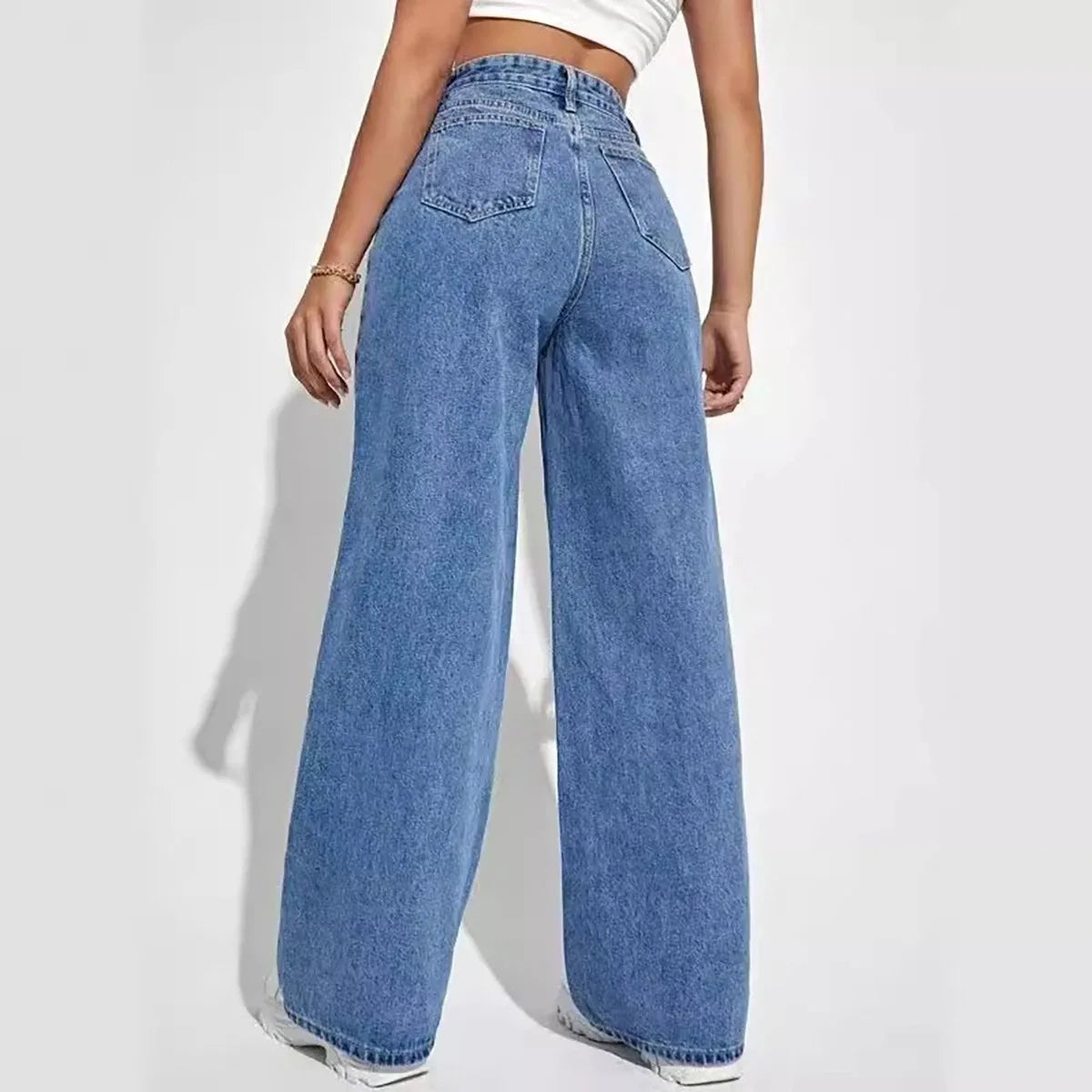 Calça jeans azul retrô da moda feminina, modelo Y2K, calça reta larga de cintura alta