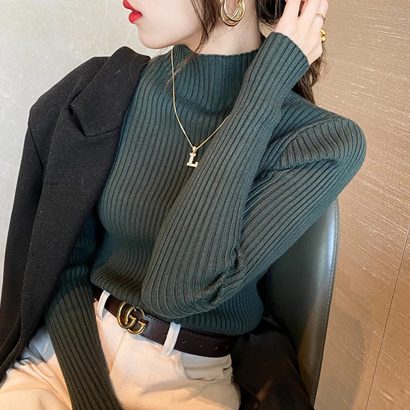 Suéter de malha feminino de inverno com manga comprida e gola falsa, pulôver, suéter de malha fina, blusas femininas da moda 2025