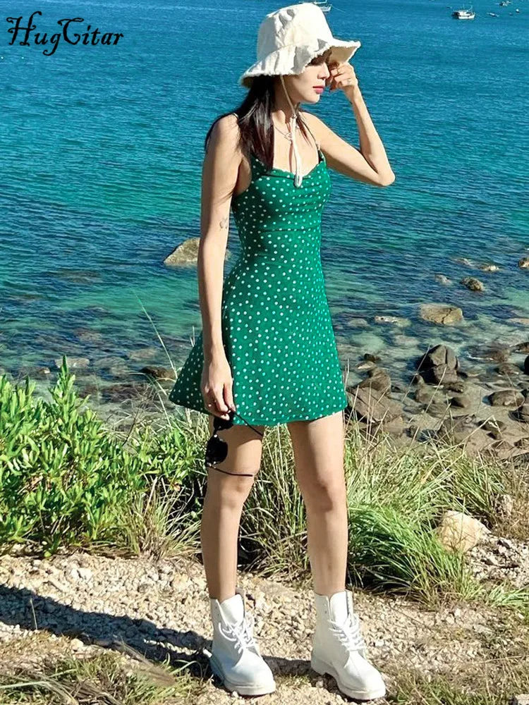 Vestido curto com estampa de bolinhas, costas nuas, elegante, justo, casual, verde